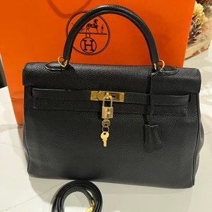 HERMES Togo Kelly 11 RETOURNE 35 Handbag Black with Gold Hardware